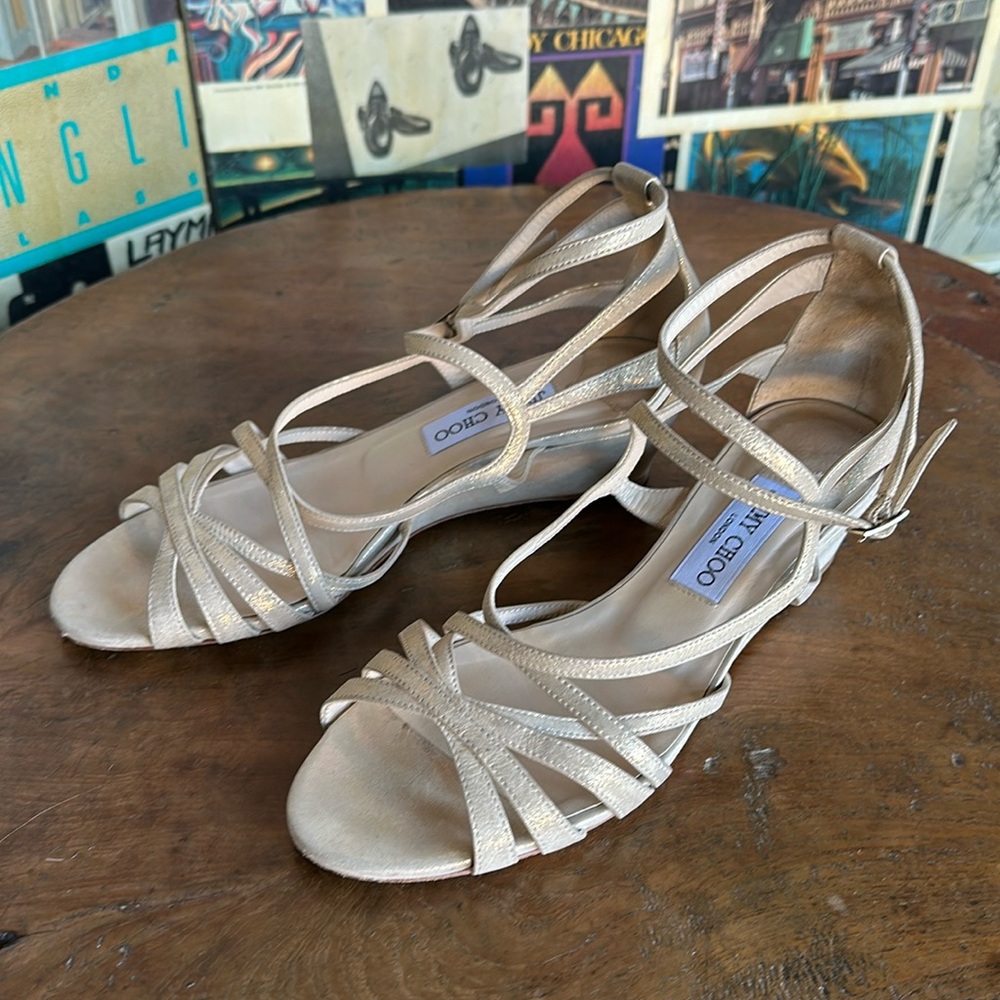 Jimmy Choo Golden Glitter Womens Wedge sz 38 1/2